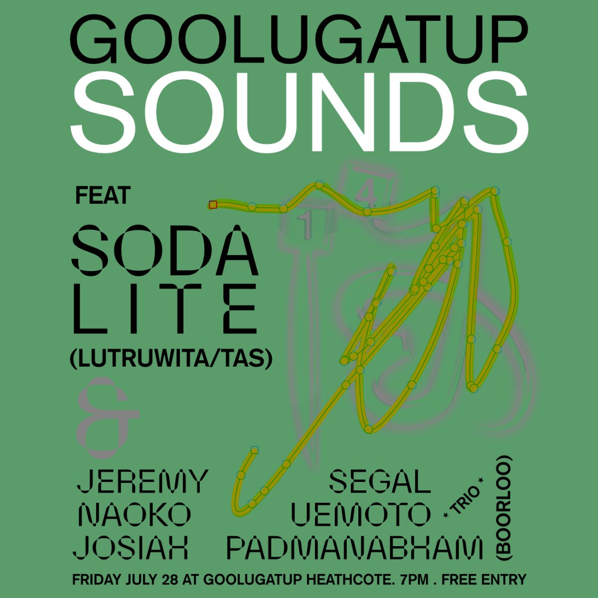 A digital poster for Goolugatup Sounds 14 with a green background, black and white text and yellow and pink abstract squiggly forms.